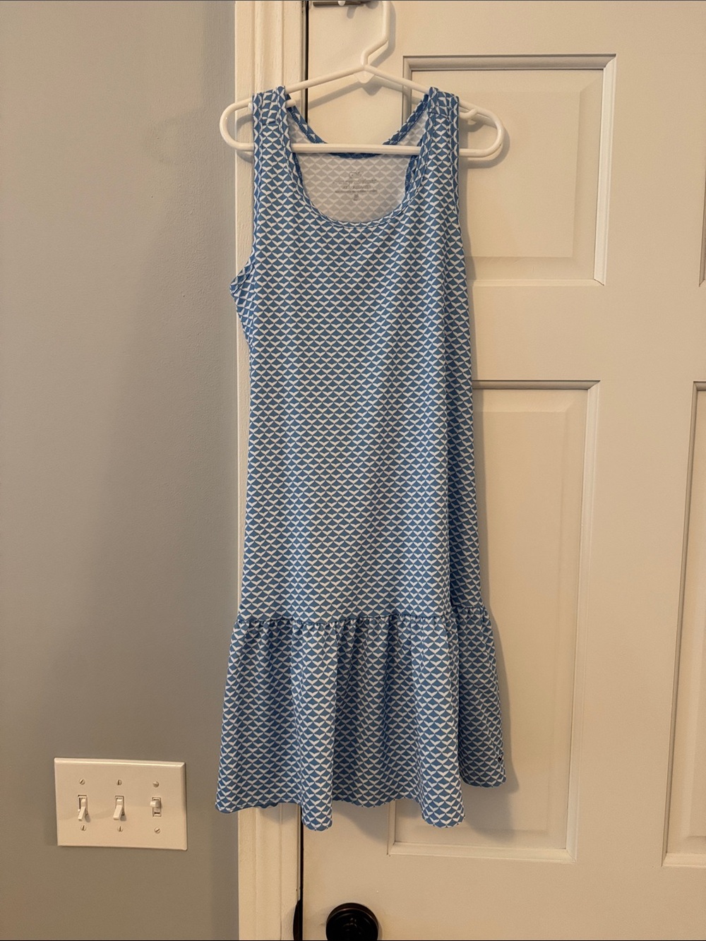 Vineyard Vines Girls' Light Blue Patterned Sleeveless Ruffle-Hem Dress